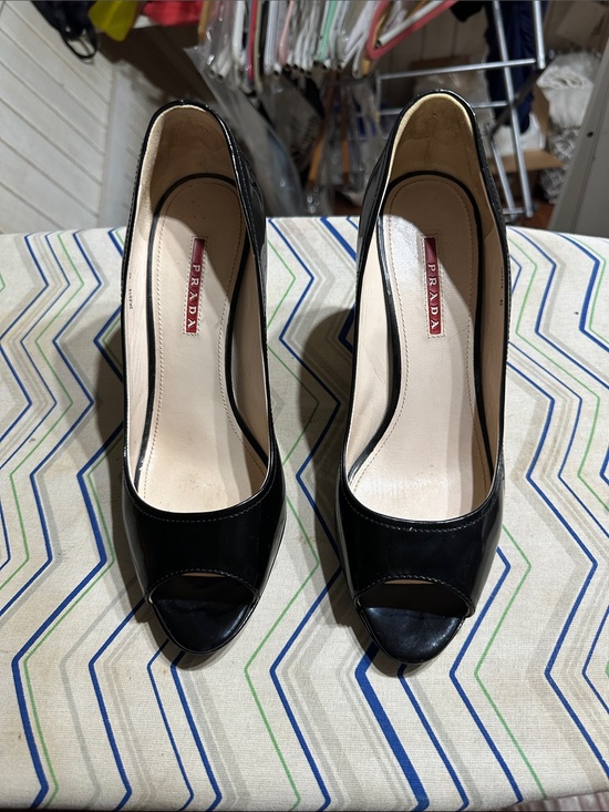 Prada Shoes - Prada Black Patent Peep-Toe Wedge Pumps